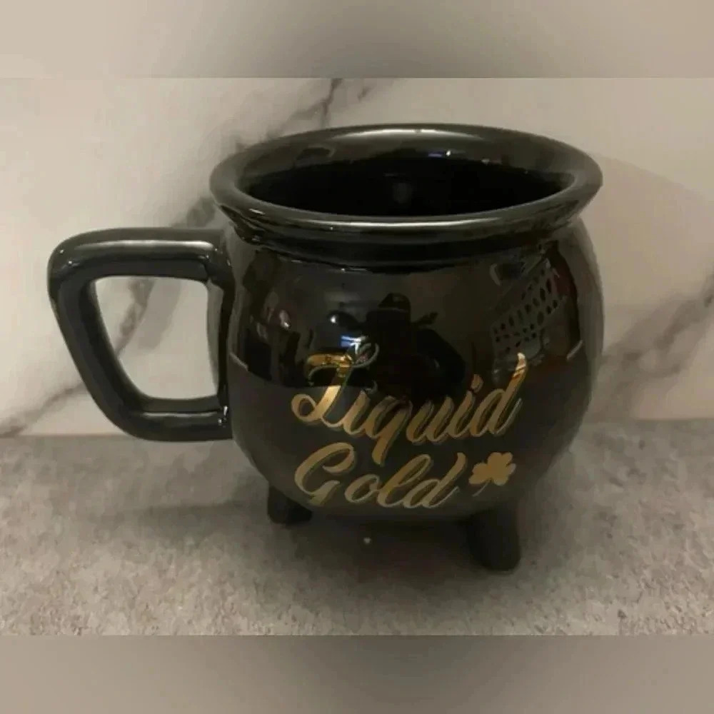 NWT Liquid Gold Black Coffee Tea Mug Gold Tone Lettering Pot of Gold - Picture 1 of 3